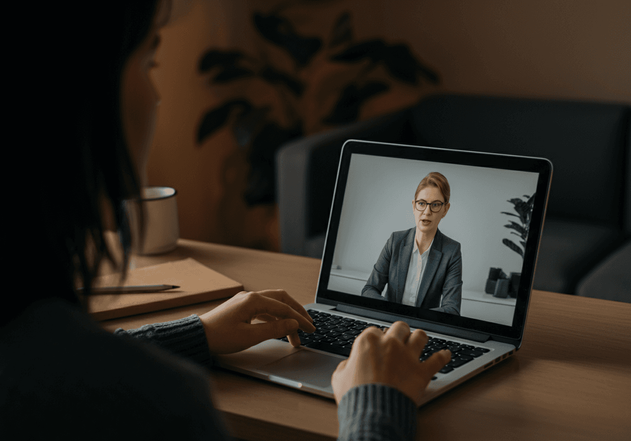 A person on his laptop in his home office. The photo angle is on the laptop where we can see a video call of a talent recruiter in his suit at his workplace office with a soft smile