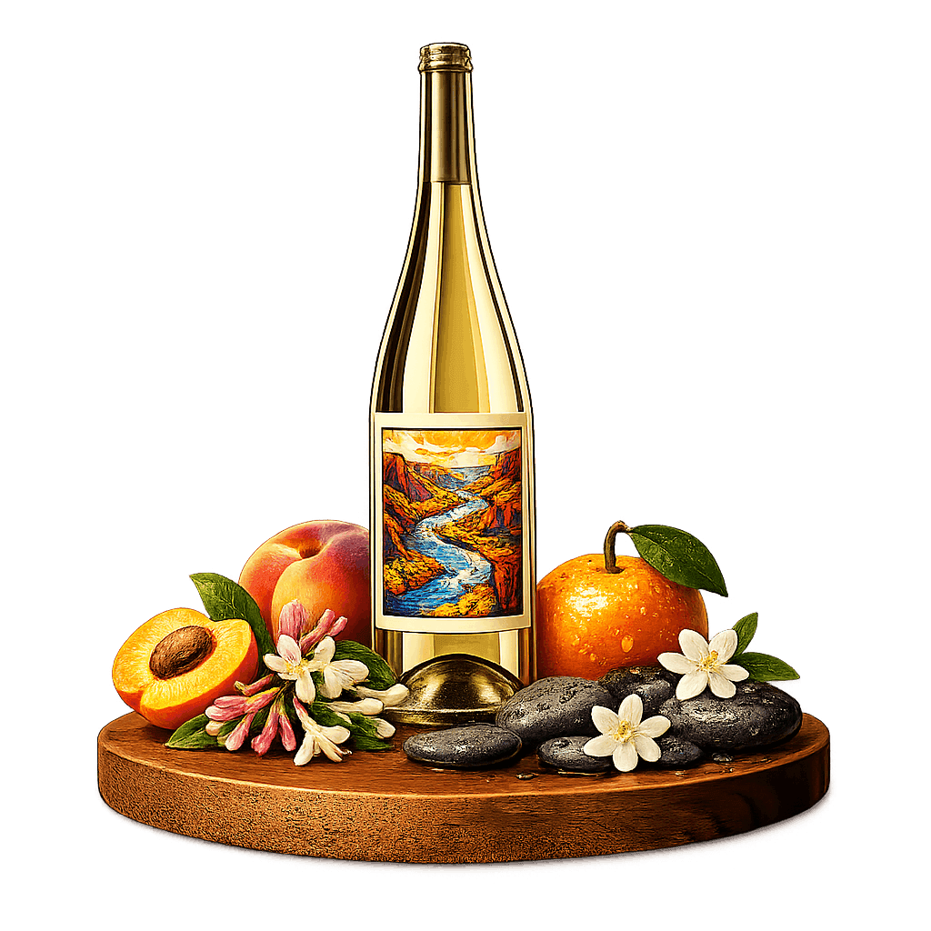 Artistic label and flavor profile for Idaho Snake River Valley Viognier on a rustic wooden table.