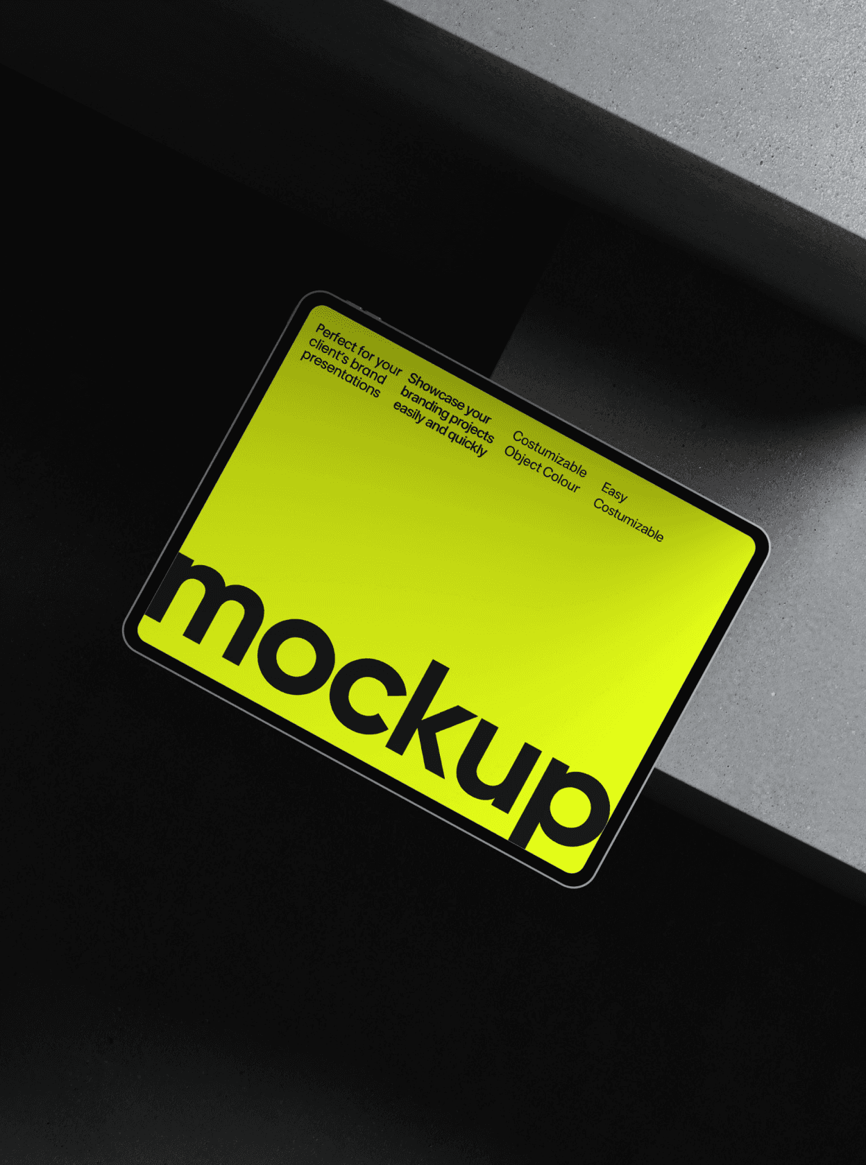 A minimalist close-up of a lime green rounded-corner business card mockup with "mockup" printed in bold black typography. The card is placed against a dark, high-contrast background with dramatic shadows.
