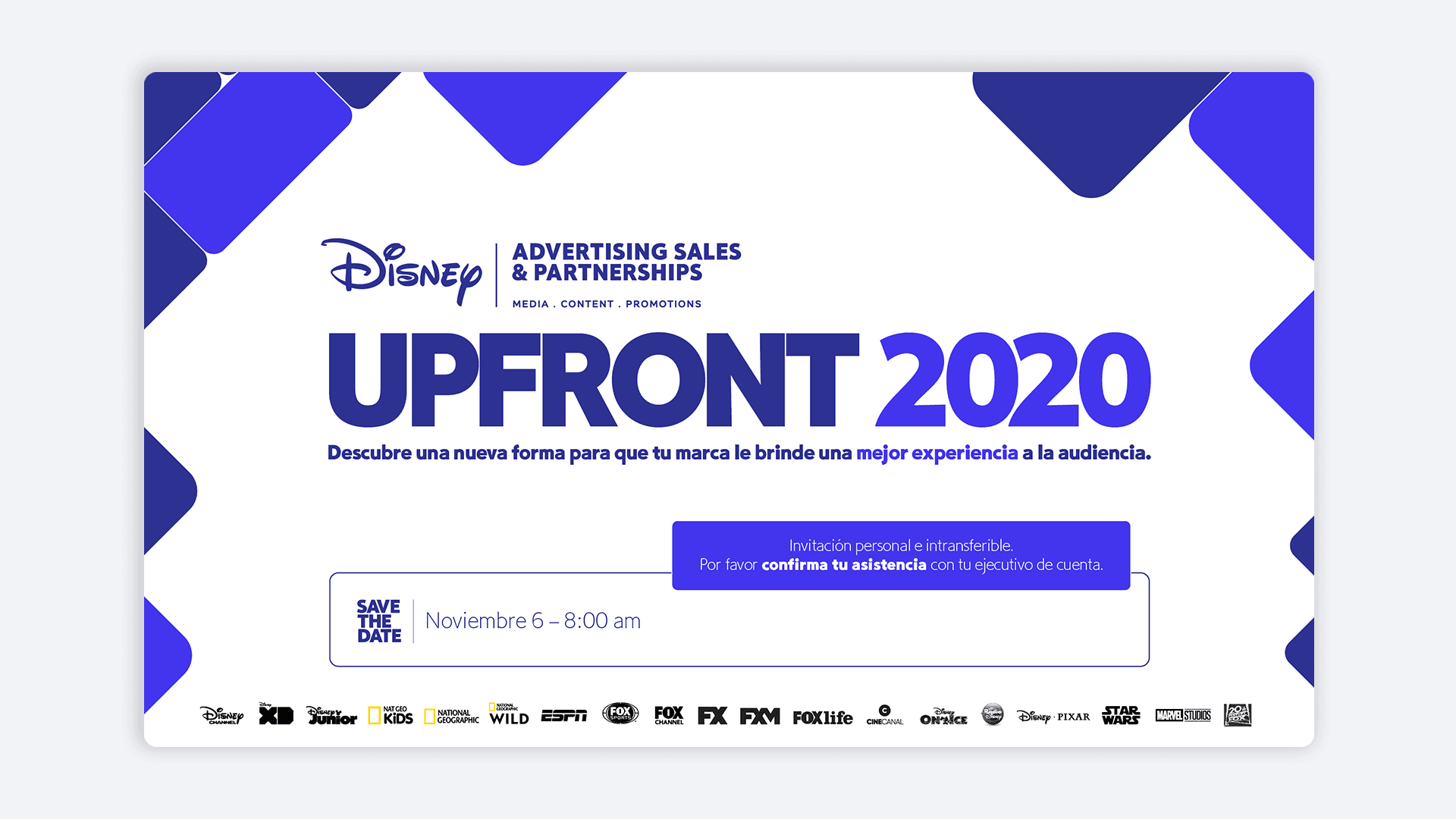 Gráfico promocional de "UPFRONT 2020" de Disney con logos de marcas aliadas y detalles del evento comercial.