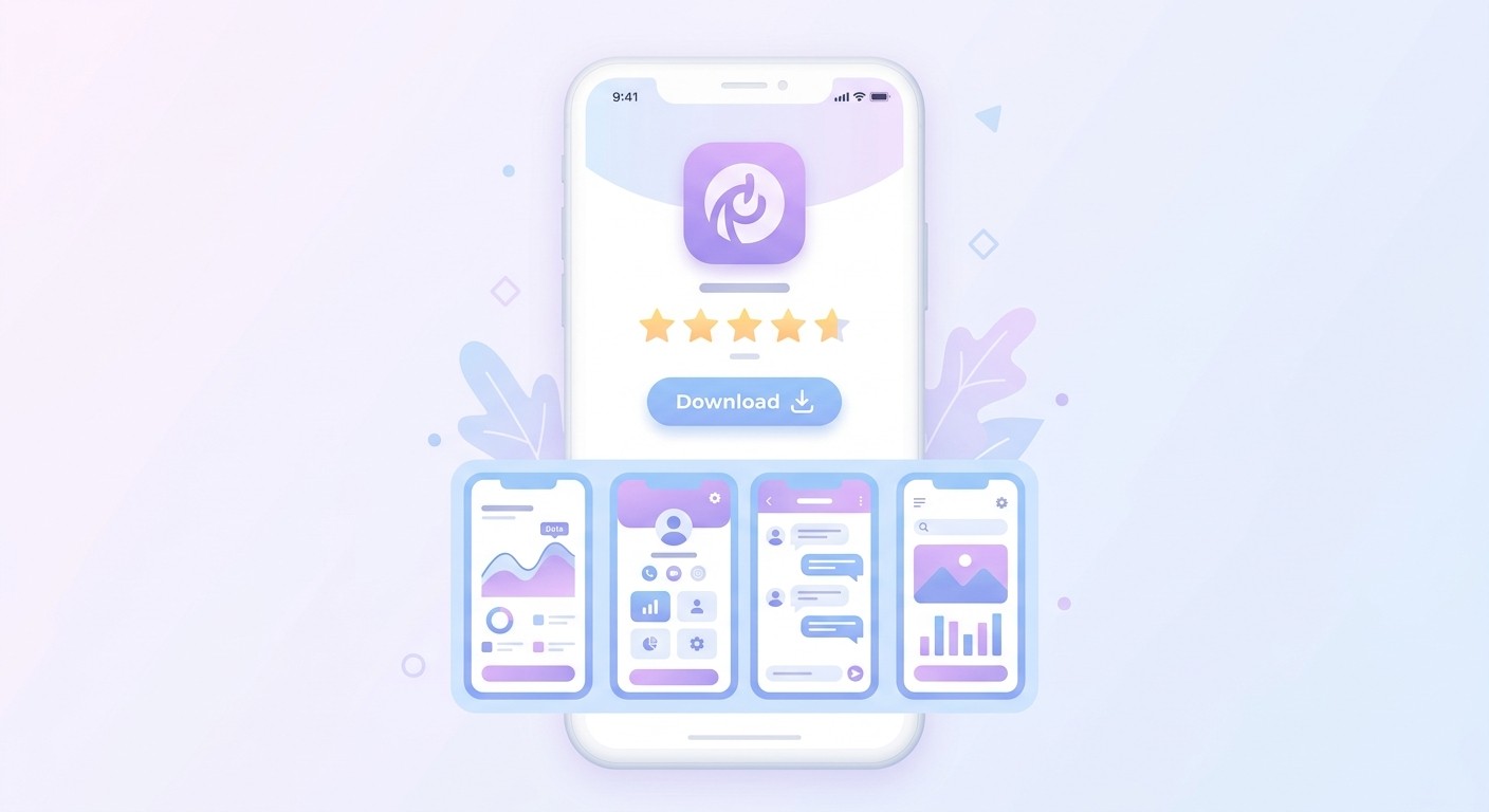 Illustration of a mobile app store listing page with star ratings and a download button.