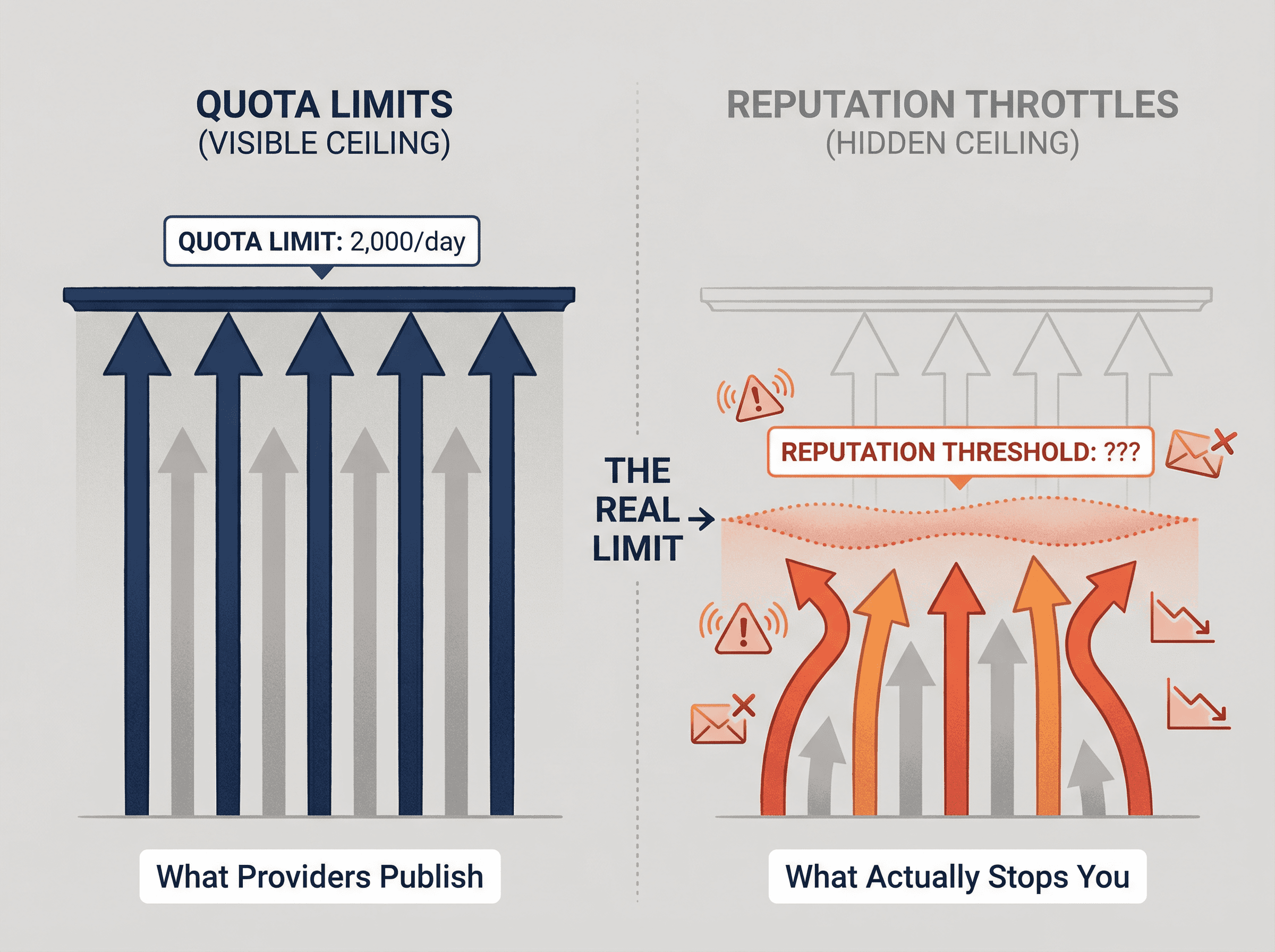 Visual diagram showing two separate email sending ceilings: visible quota limits above versus hidden reputation throttles below that actually stop you first