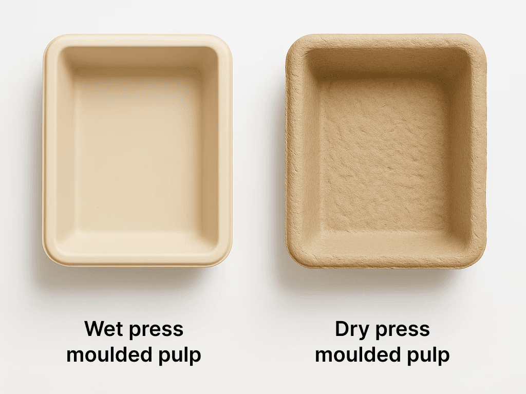 Wet press and dry press moulded pulp trays side by side, comparing a smooth finish with a rougher, textured surface.