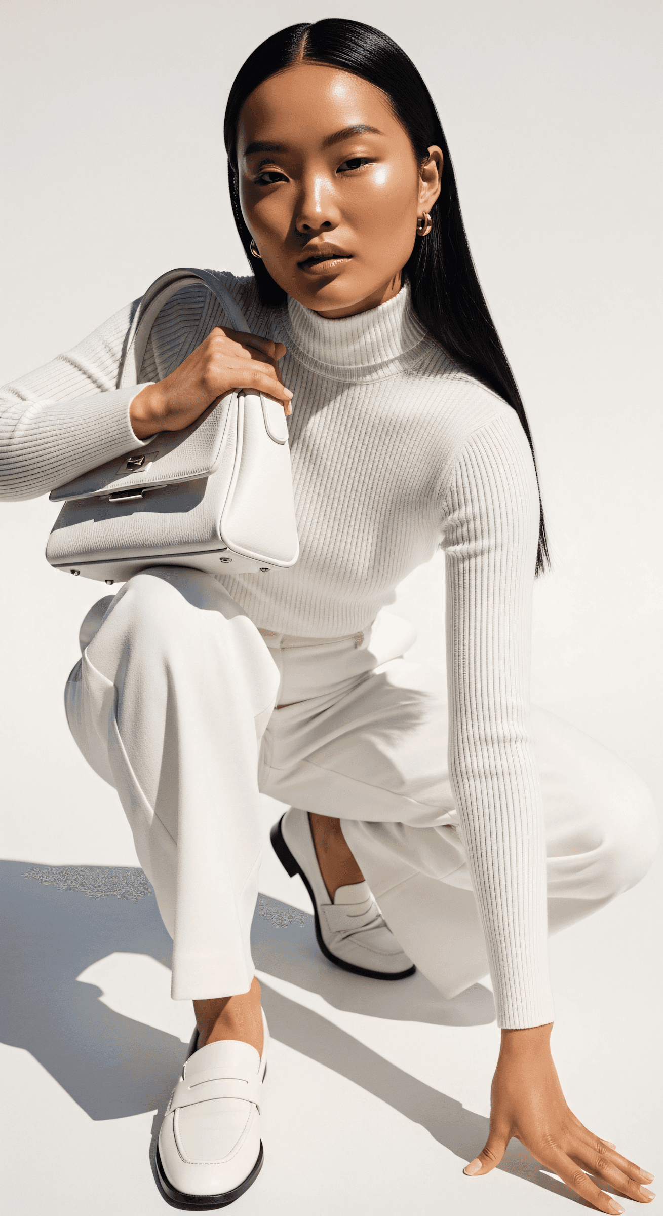 A minimal model wearing all white while holding a handbag