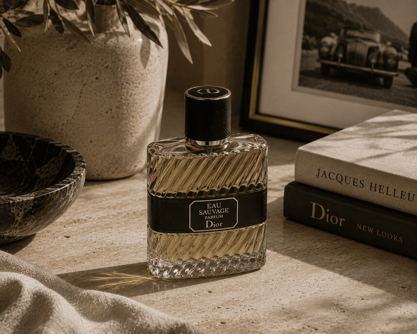 A textured clear glass bottle of Dior Eau Sauvage Parfum filled with golden amber fragrance, wrapped in a textured black band with white typography and topped with a black cylindrical cap stamped with the CD logo. The bottle stands on a travertine stone surface next to a dark marble bowl, a beige ceramic vase with olive foliage, stacked books titled "Jacques Helleu" and "Dior New Looks", and a framed vintage photograph under warm sunlight.
