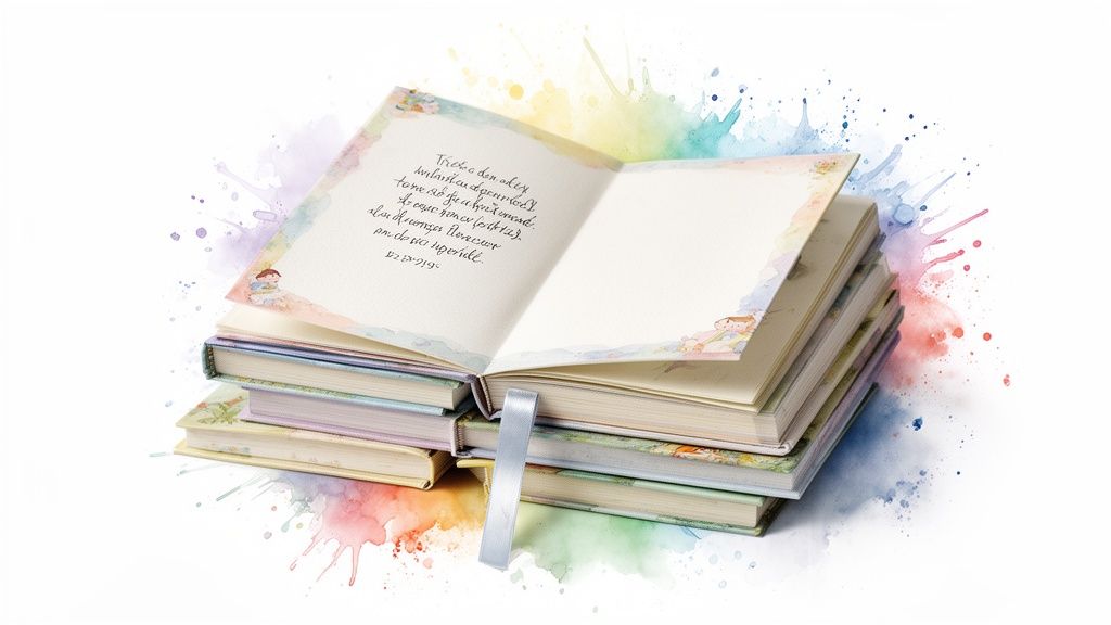 Open watercolor-decorated nursery rhyme book on a stack of colorful books with a blue ribbon bookmark.