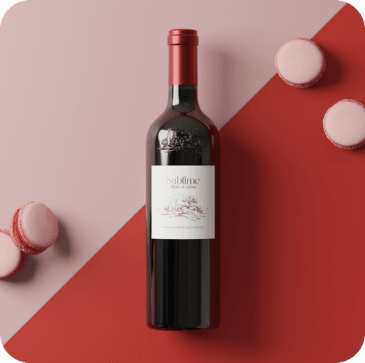 Sublime red wine bottle next to red macaroons, diagonal design surface