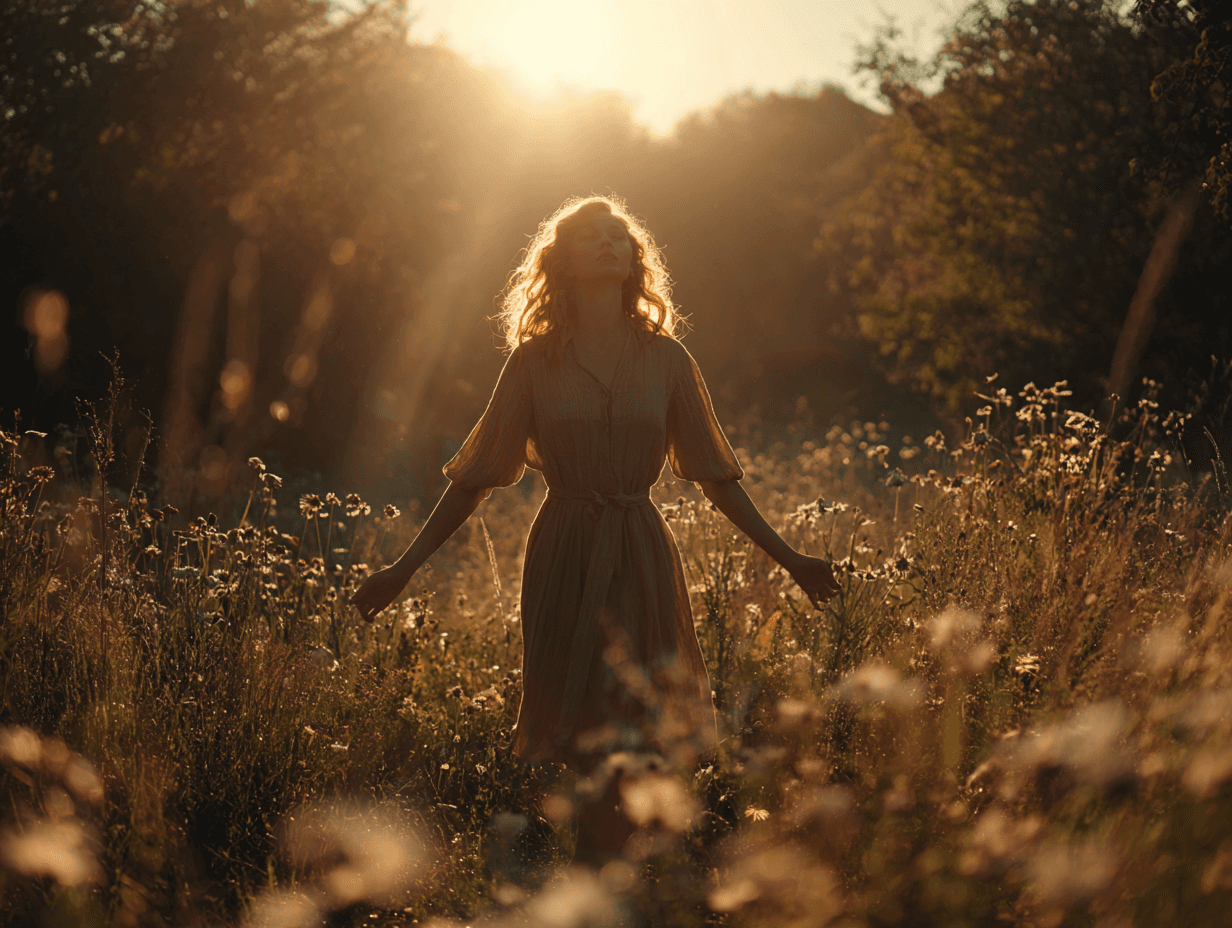 Women in a field barefoot embrassing the sun