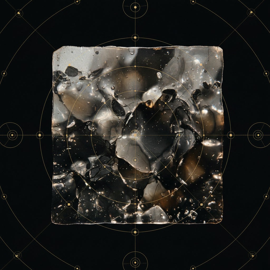 Translucent hand-cast resin with suspended mineral inclusions.