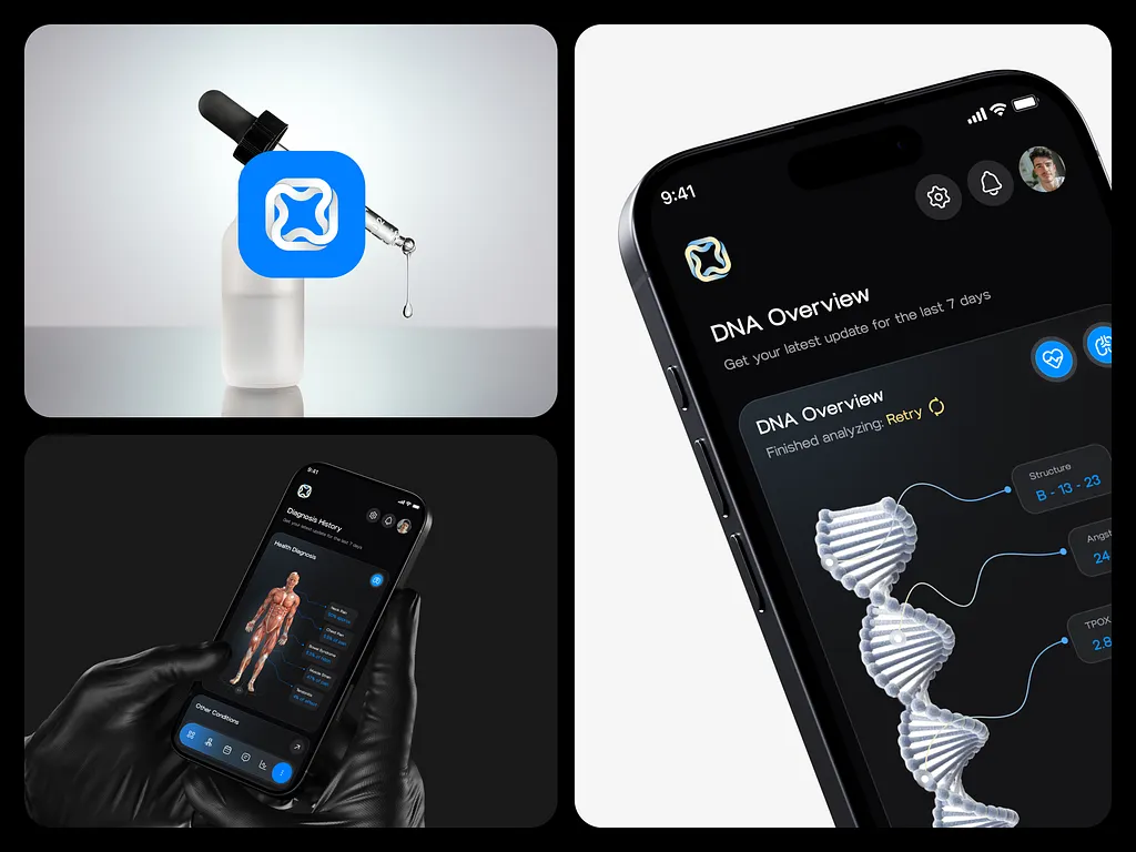 Healthcare software UI displaying DNA analysis and medical data visualization in a modern user interface.