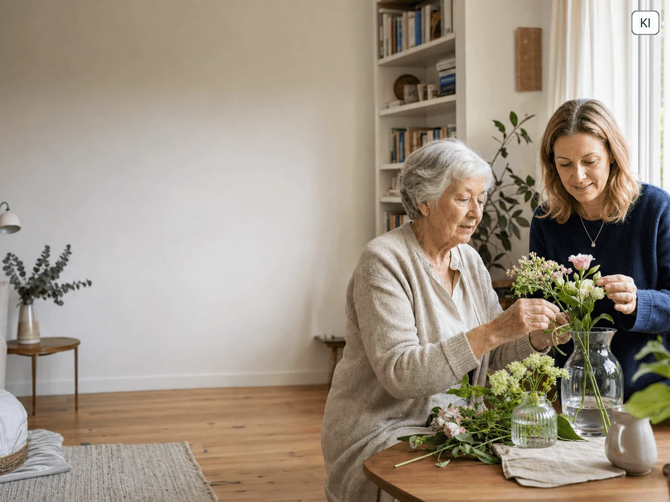 Eine ältere Frau und ihre Betreuungskraft arrangieren gemeinsam Blumen im Wohnzimmer.