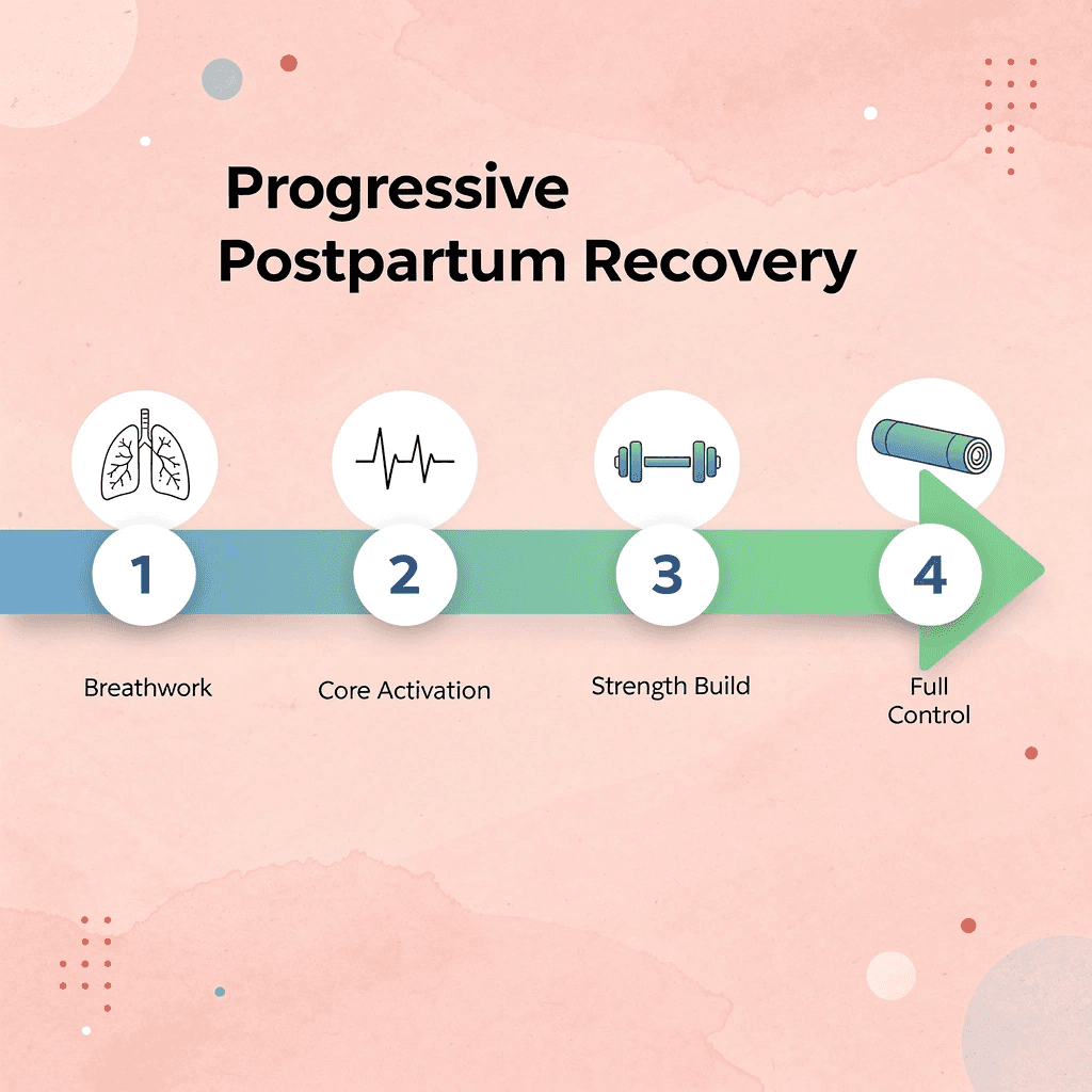 Arrow progression infographic showing four stages of postpartum Pilates recovery