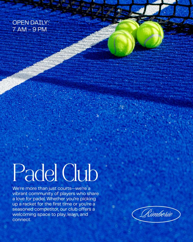 Three tennis balls are positioned on a vibrant blue padel court near a black net, with text overlay advertising a padel club open daily from 7 AM to 9 PM.