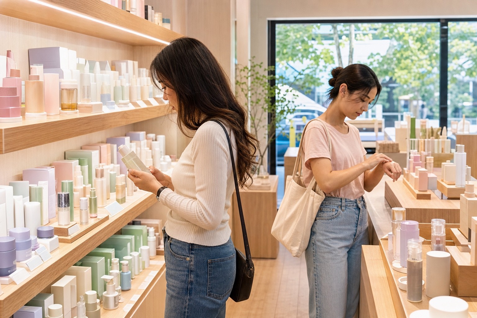 Shoppers browsing a minimalist K-beauty retail store
