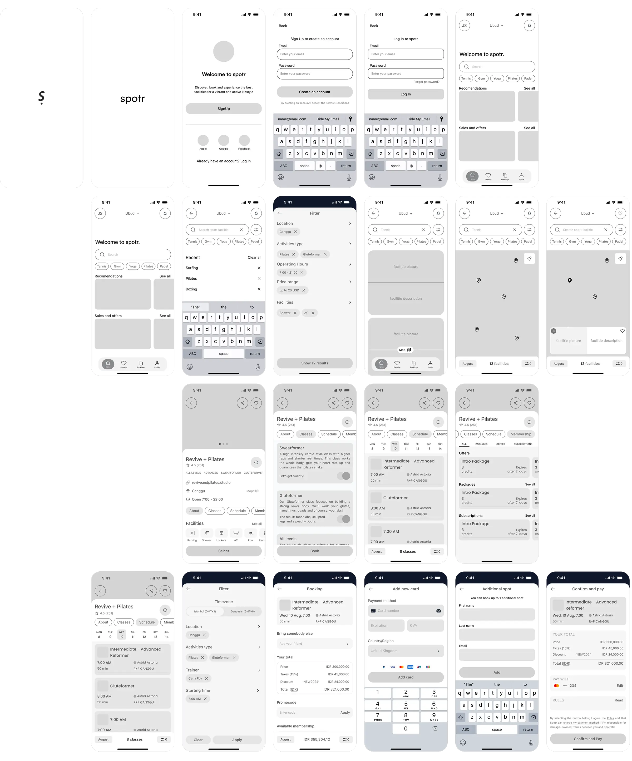 High-fidelity wireframes of the sports facility booking experience