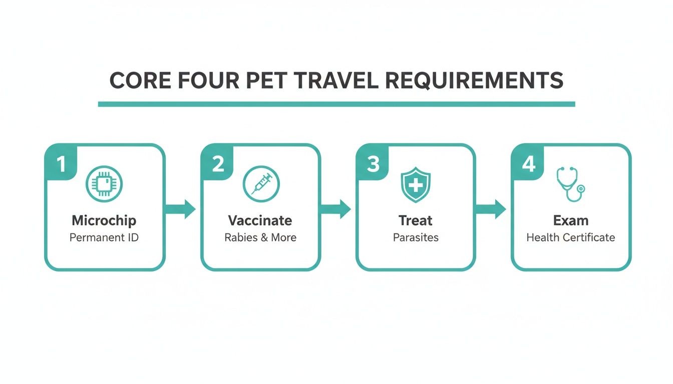 Infographic illustrating the core four requirements for pet travel: microchip, vaccinations, parasite treatment, and health exam.