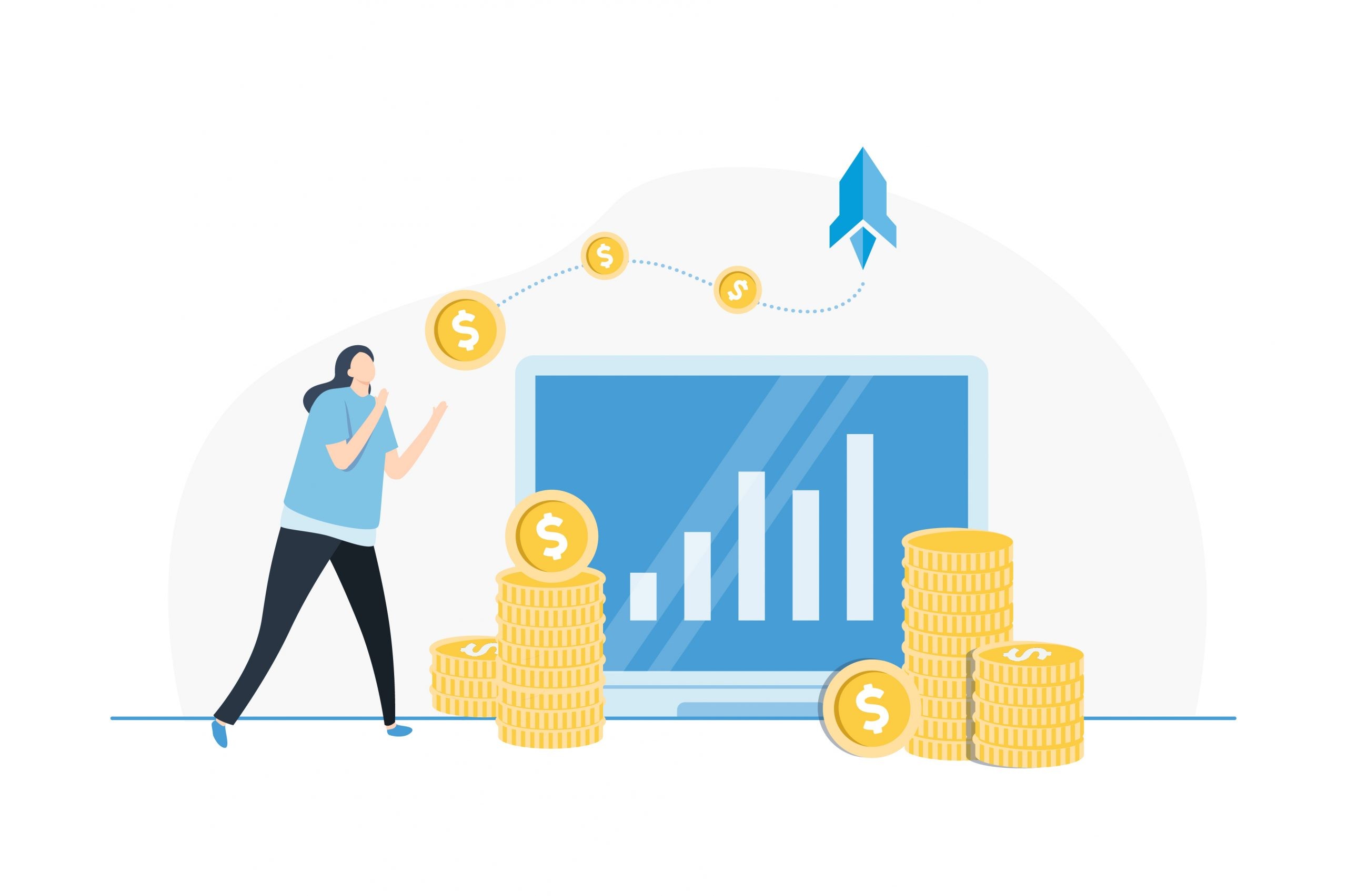 Flat design illustration of a woman standing next to a bar graph with stacks of gold coins, symbolizing data-driven revenue growth.