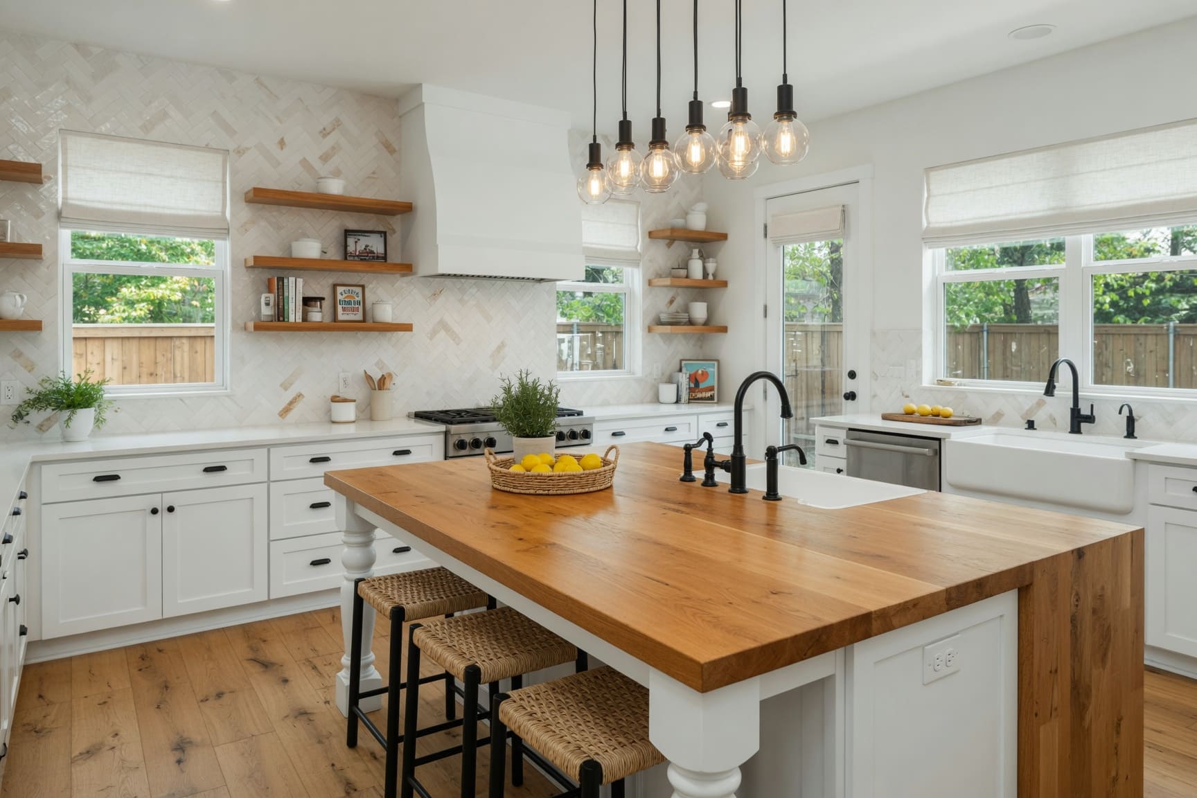Kitchen with butcher block island, white cabinetry, and pendant lighting