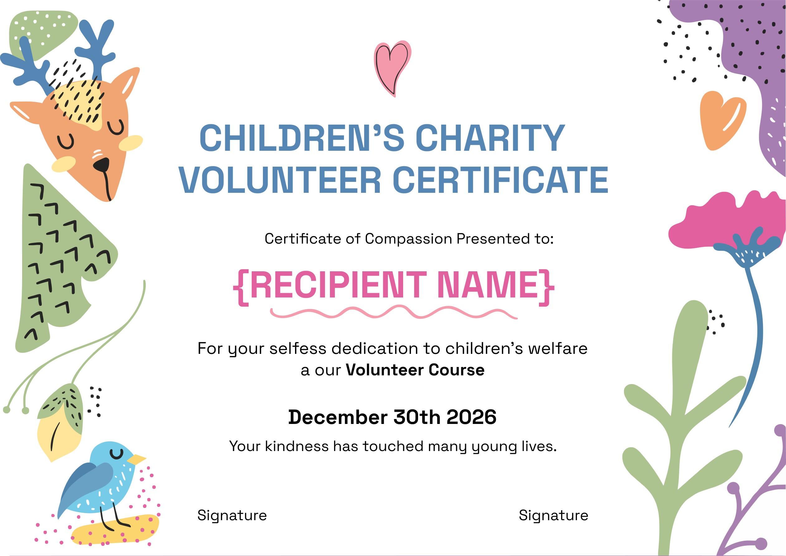 Wauld - Vibrant children's charity volunteer certificate template