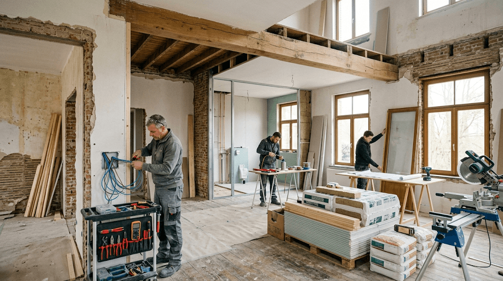 Chantier de rénovation générale en cours dans une villa avec plusieurs corps de métier coordonnés.
