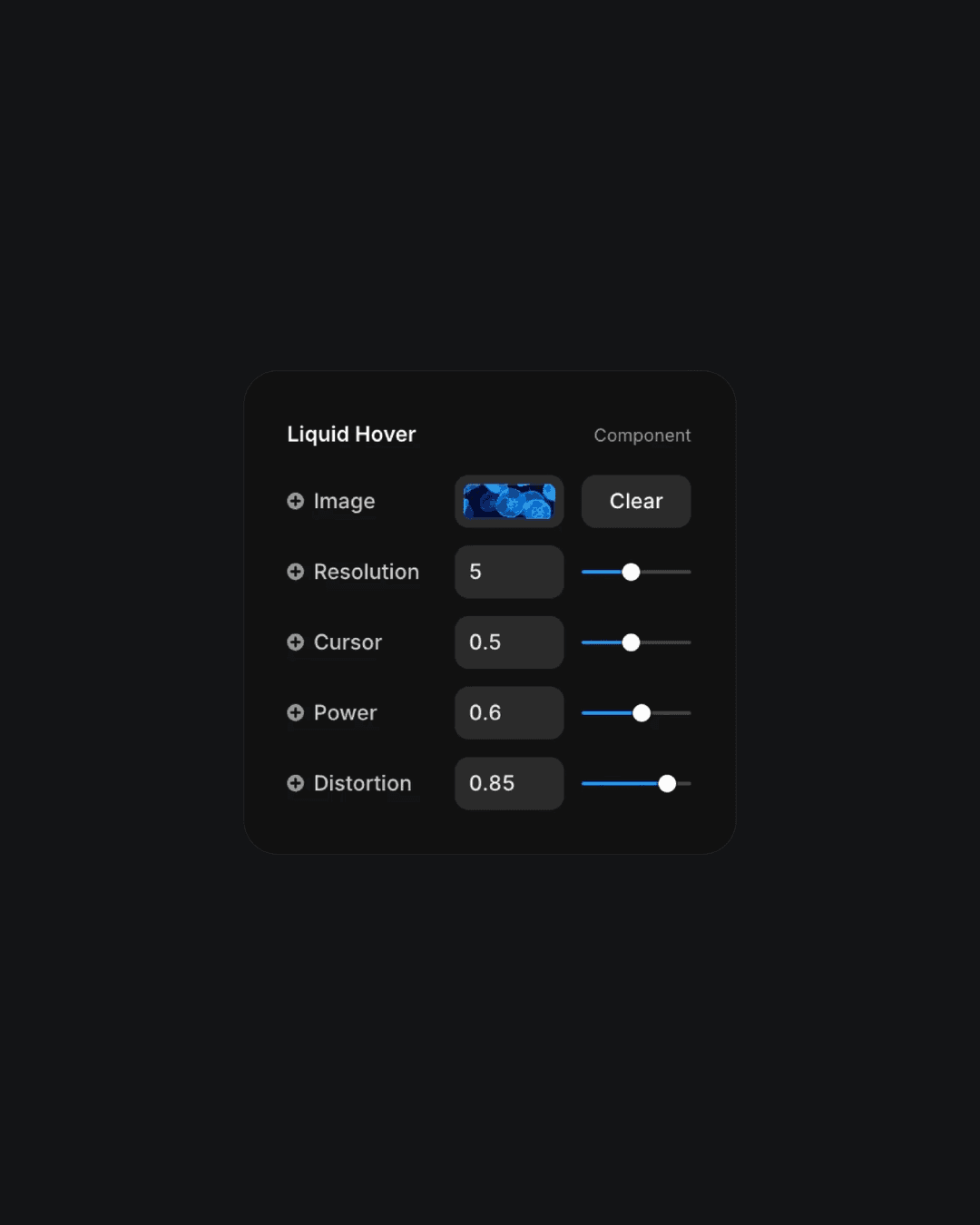 Liquid Hover component settings panel with adjustable sliders