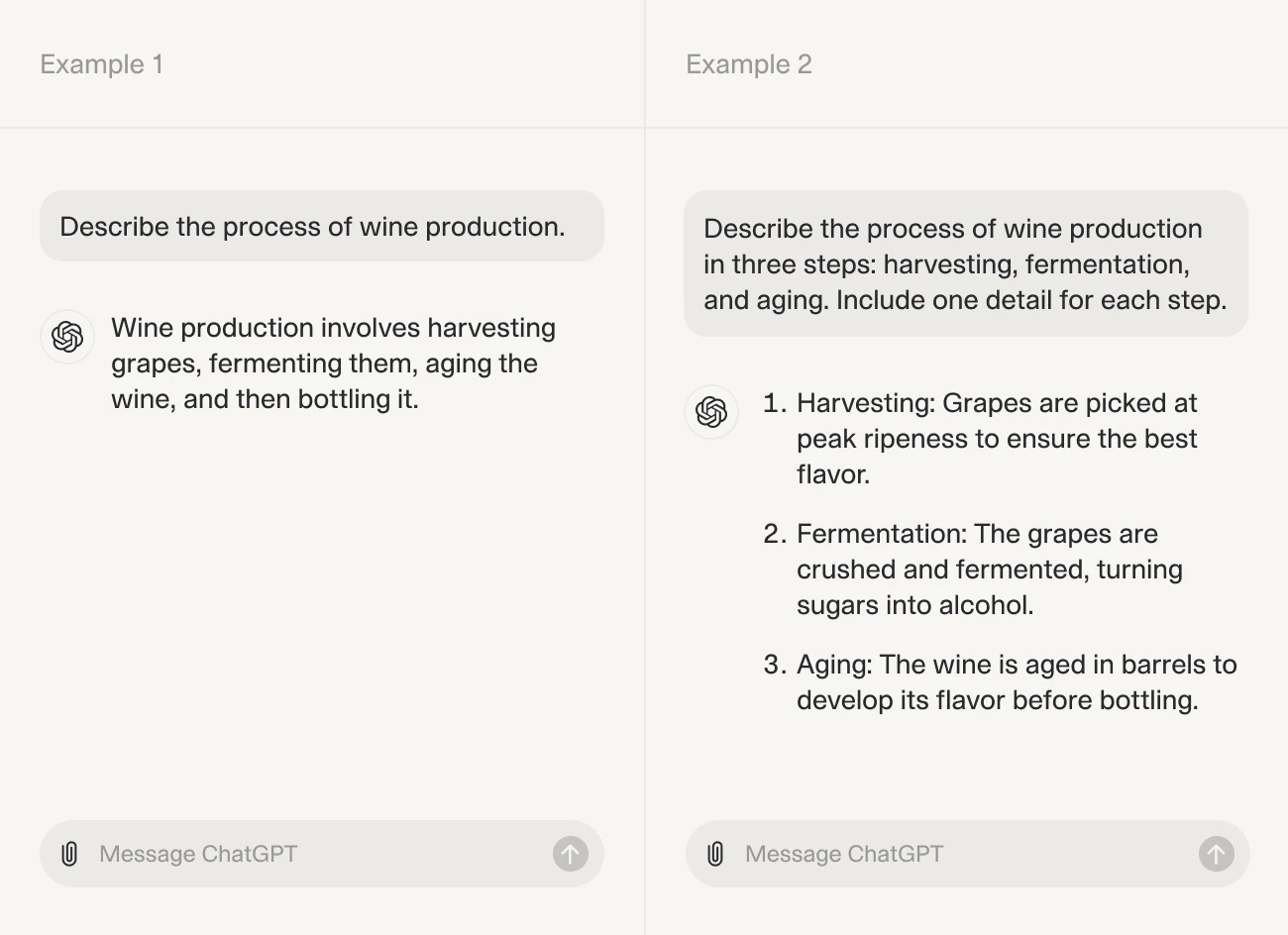 Examples of different responses to different prompts in ChatGPT 