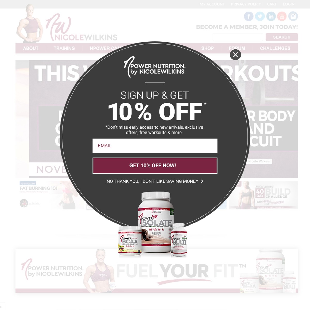 Popup design for NPower Nutrition by Nicole Wilkins offering 10% discount on supplements with signup form and product images.