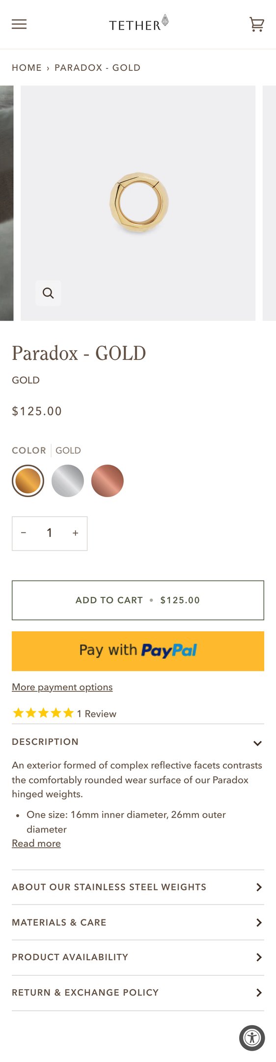 Jewelry product options include:  for Paradox - GOLD from Tether.