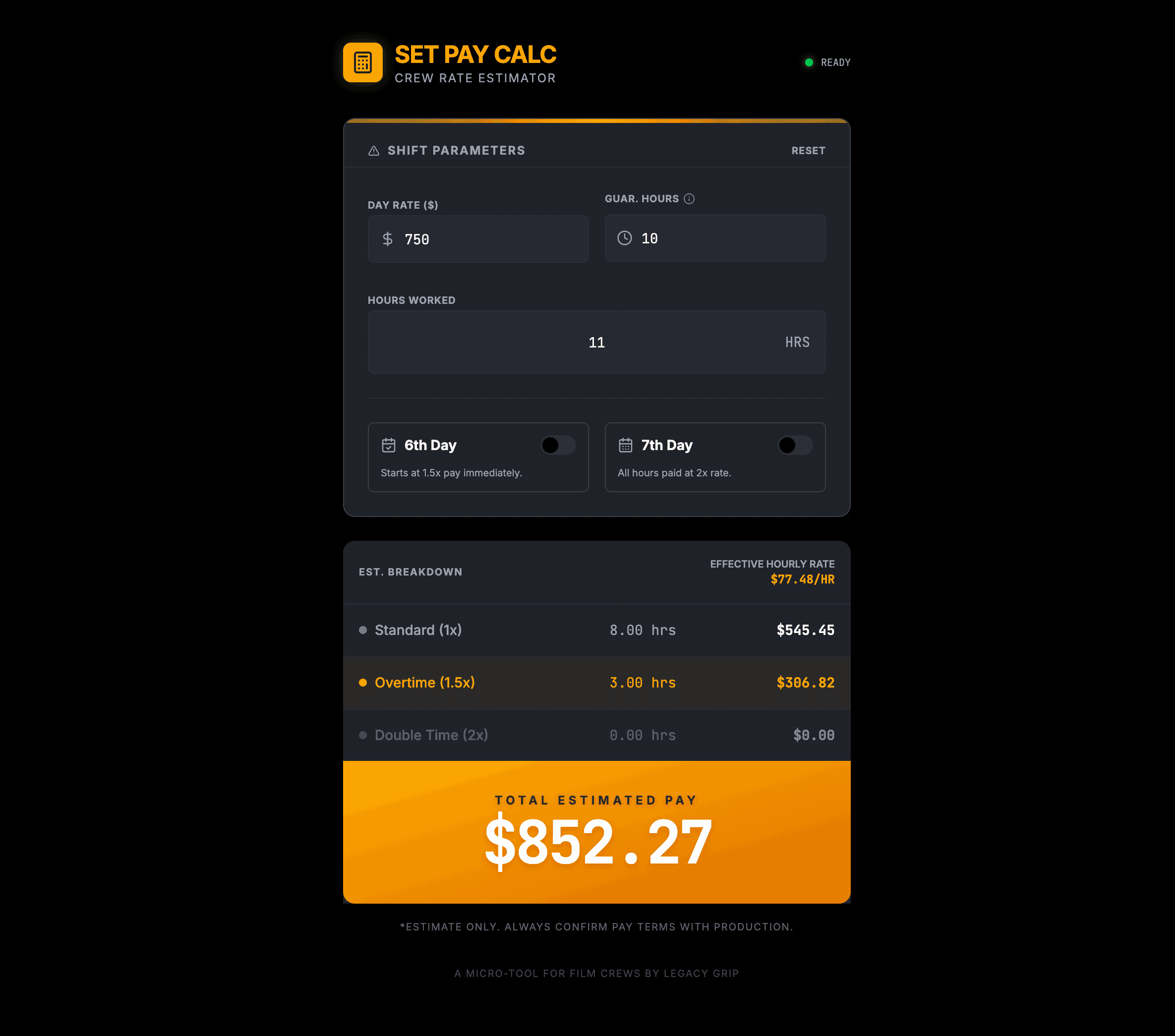 Set pay calculator screenshot