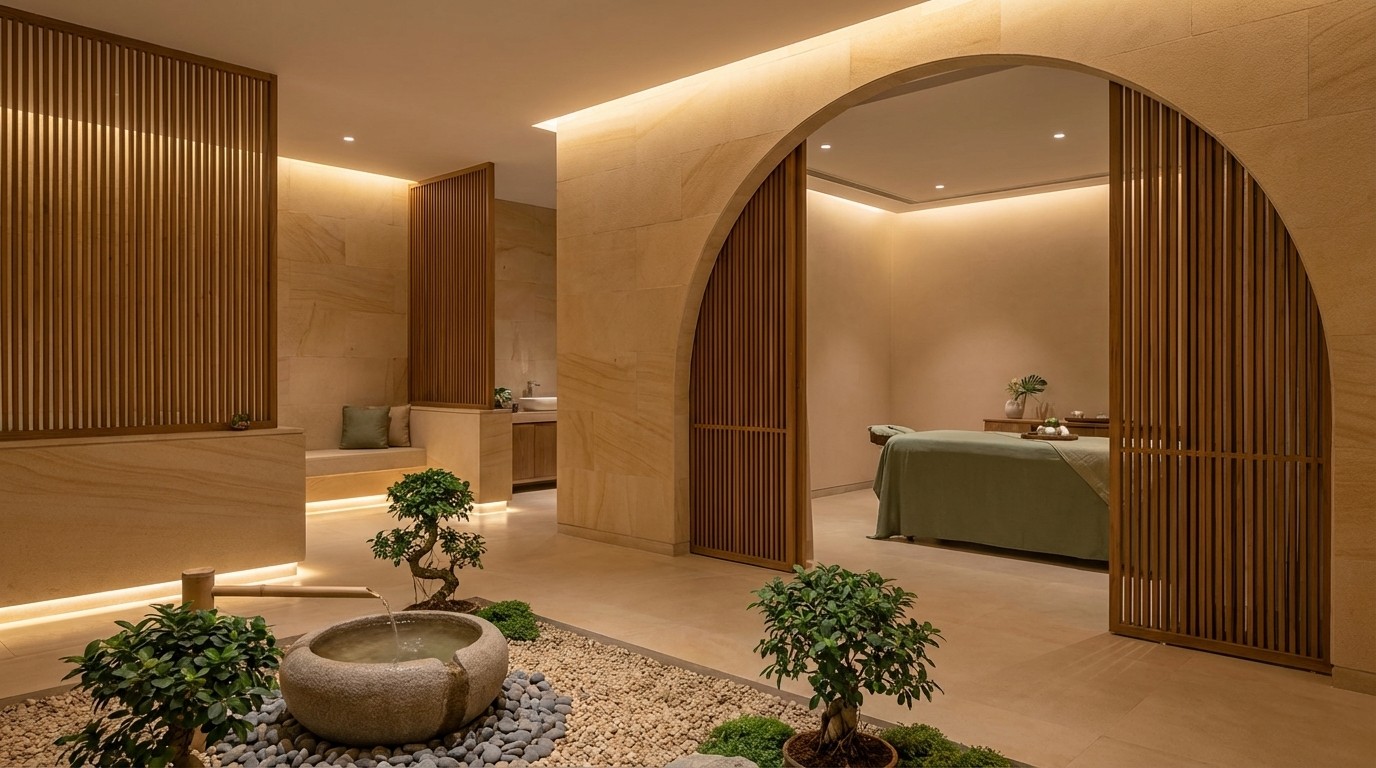 Luxury spa and wellness centre at Prestige Vaishnaoi Rainbow Waters, Gachibowli Hyderabad, featuring stone interiors, indoor zen garden, and warm ambient lighting