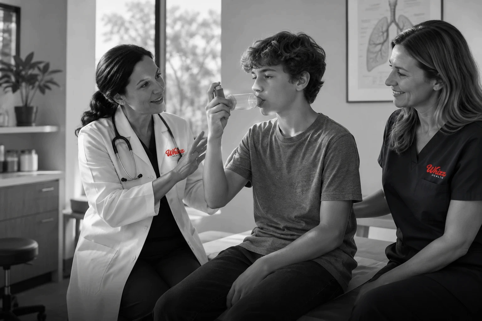 Allergist coaching a teenage patient using an inhaler with a spacer while a Whizz Health research coordinator looks on