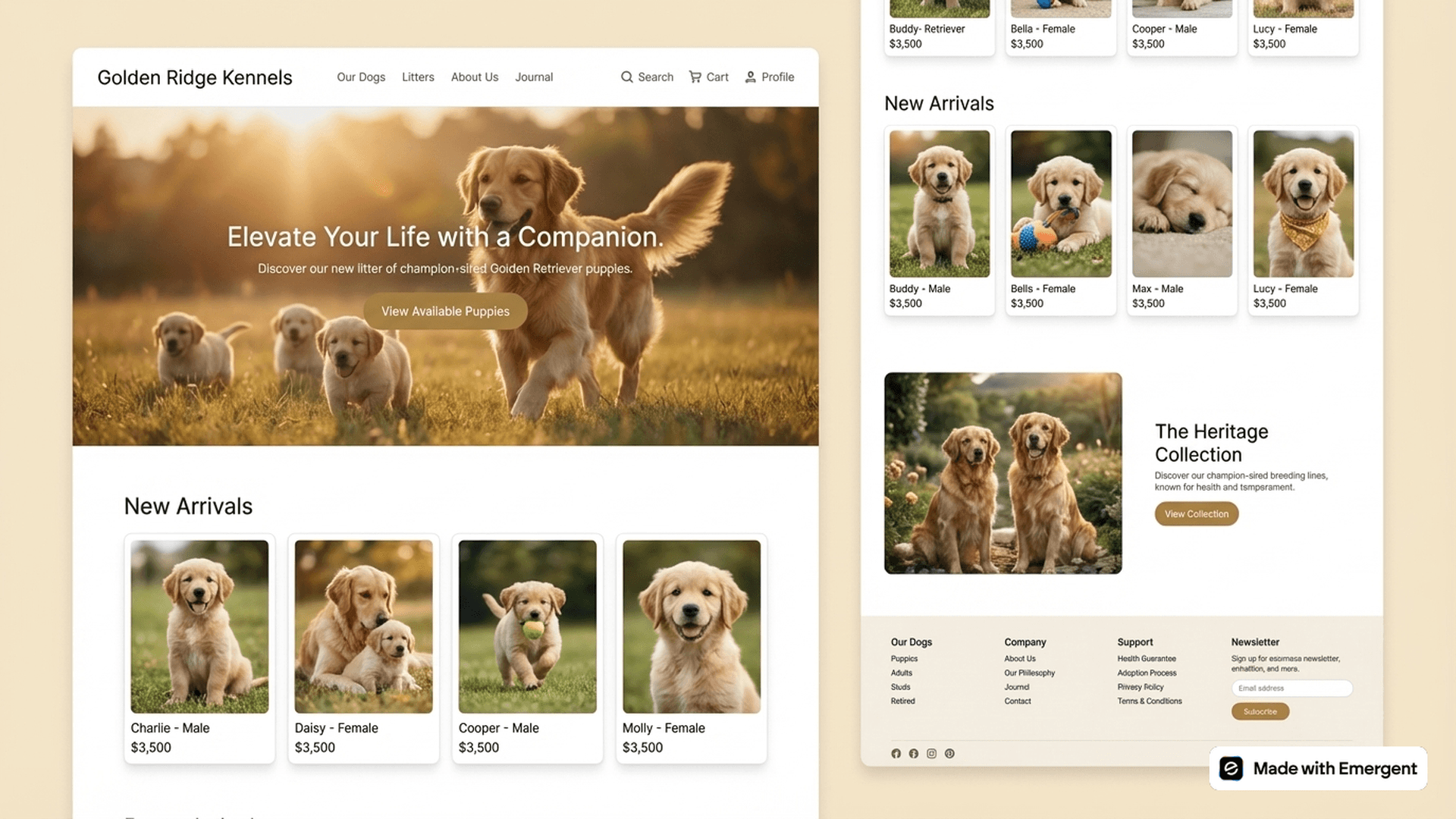 dog breeder website made with emergent