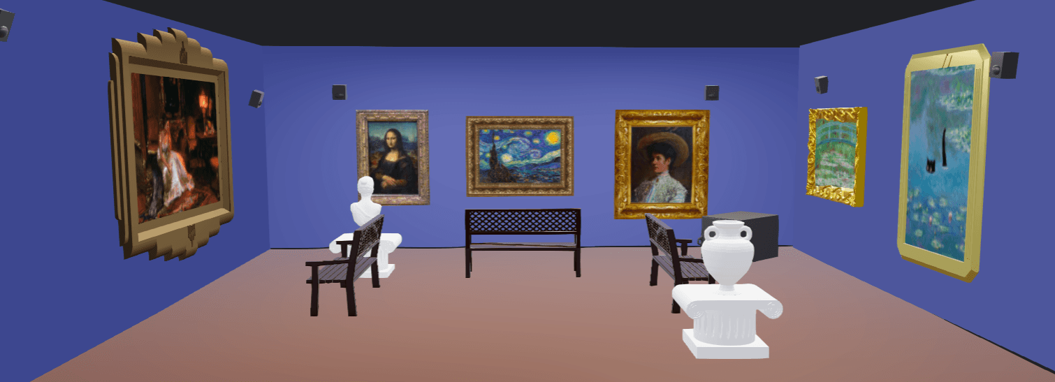A 3D museum with purple walls and paintings and benches