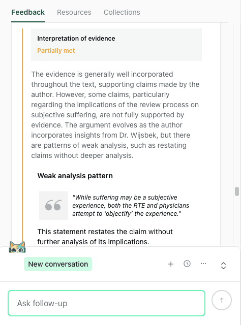 thesify feedback identifying a weak analysis pattern where an academic sentence restates a claim instead of developing its implications