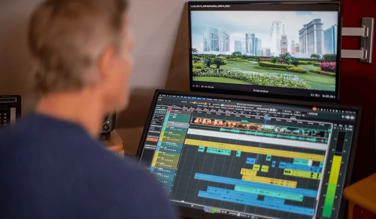 Man edits video project on monitors -  Voice Over App
