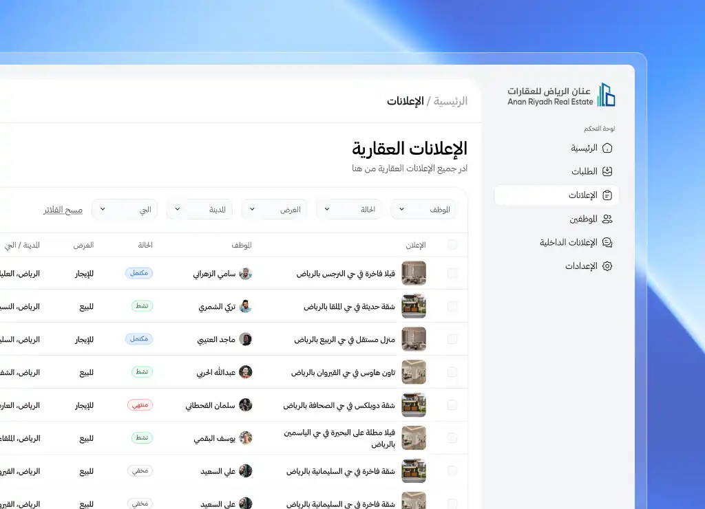 تصميم لوحة تحكم لمكتب عقاري