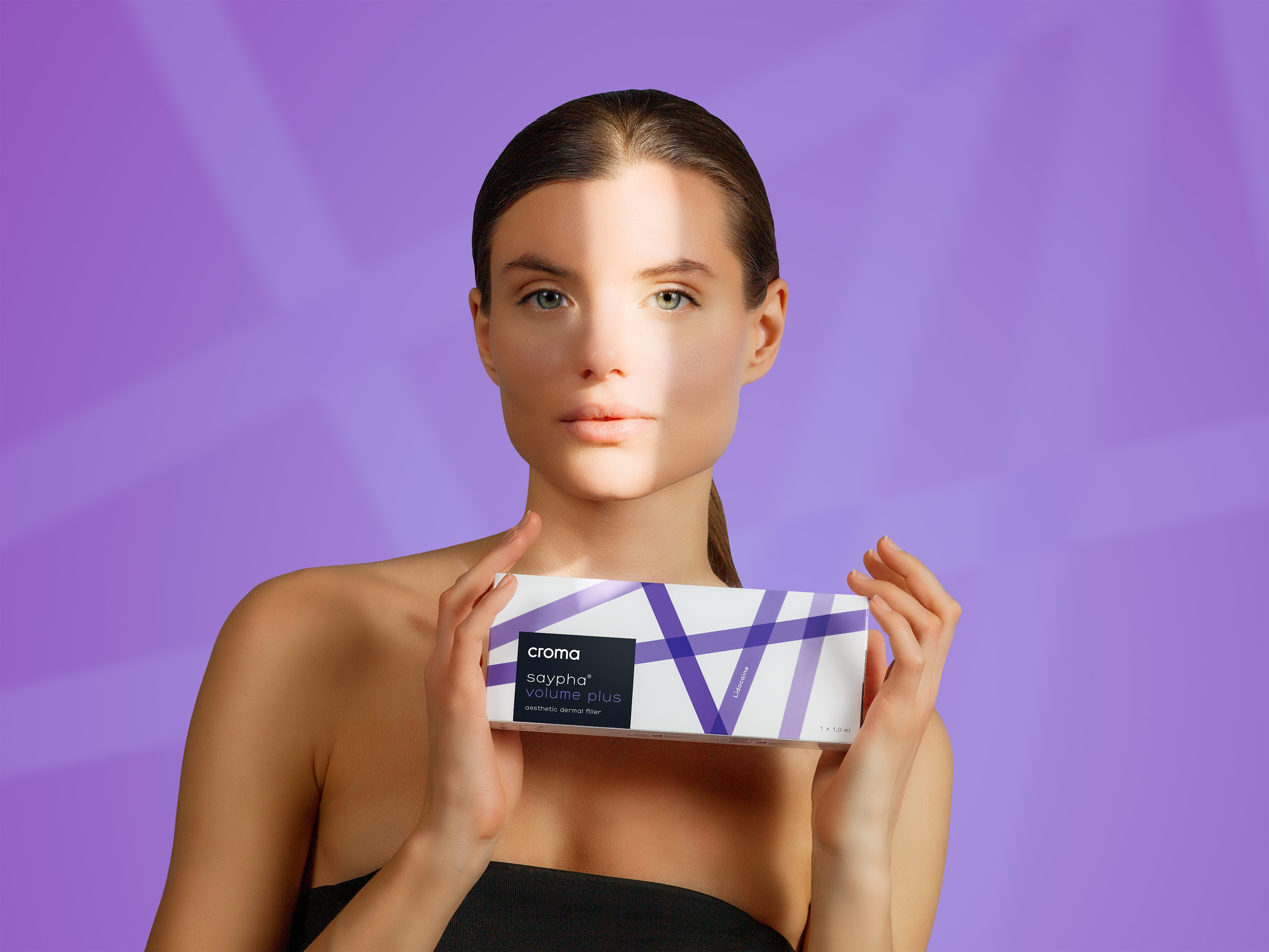 croma-saypha-volume-plus-lidocaine-dermal-filler-model-holding-box-canada-purple