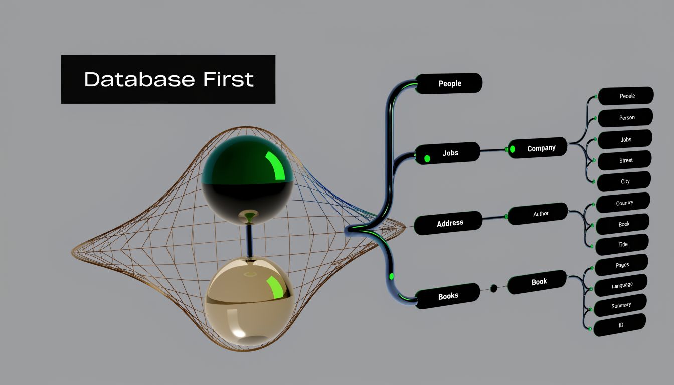 A 3D visualization showing a Database First architecture diagram with connected nodes linking people, jobs, address, and books.