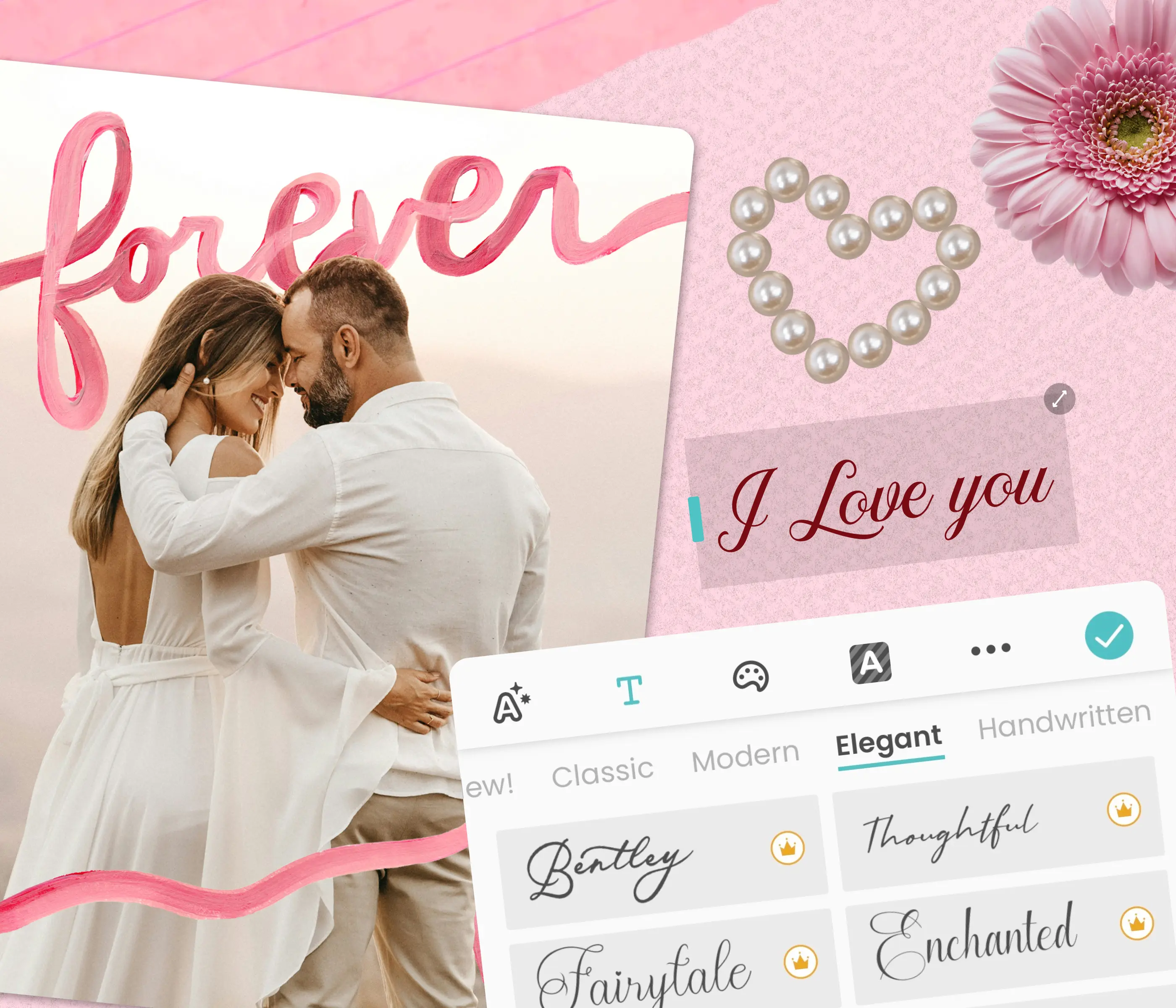 Personalizing a 'Forever' anniversary greeting card with a photo, heart decorations, and a font style menu