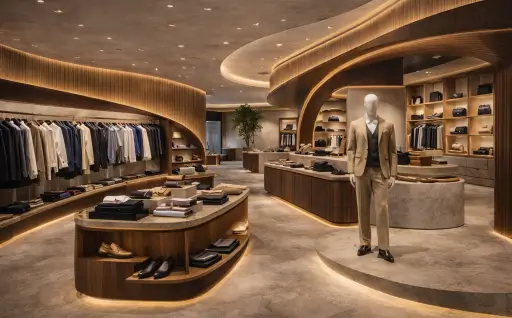 Αρχιτεκτονικός σχεδιασμός concept store ανδρικής ένδυσης, με φυσικά υλικά, καθαρές γραμμές και έμφαση στην εμπειρία αγορών και την εμπορική απόδοση.