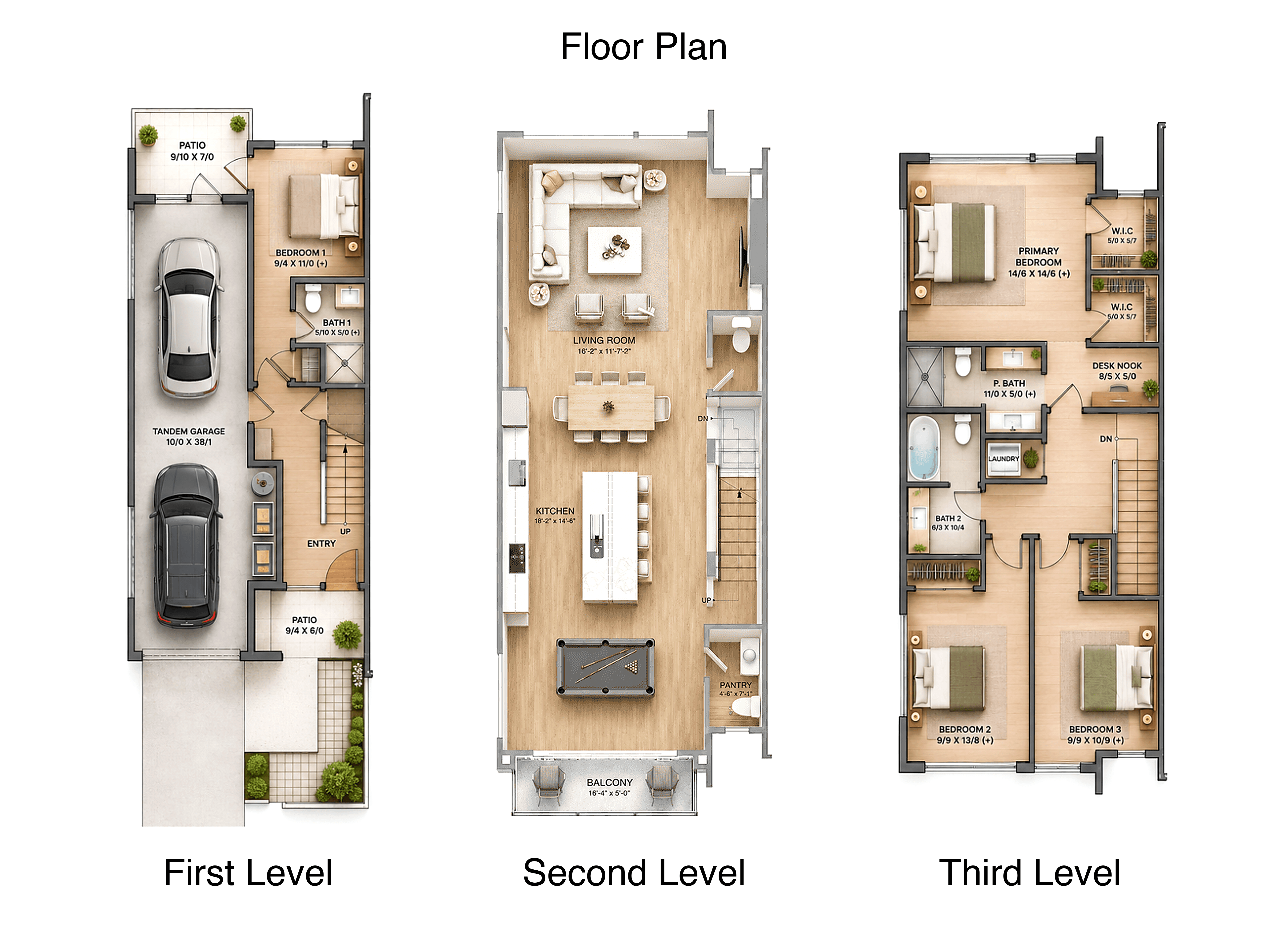 Duchess Luxury Townhomes floor plan — First, Second and Third Level