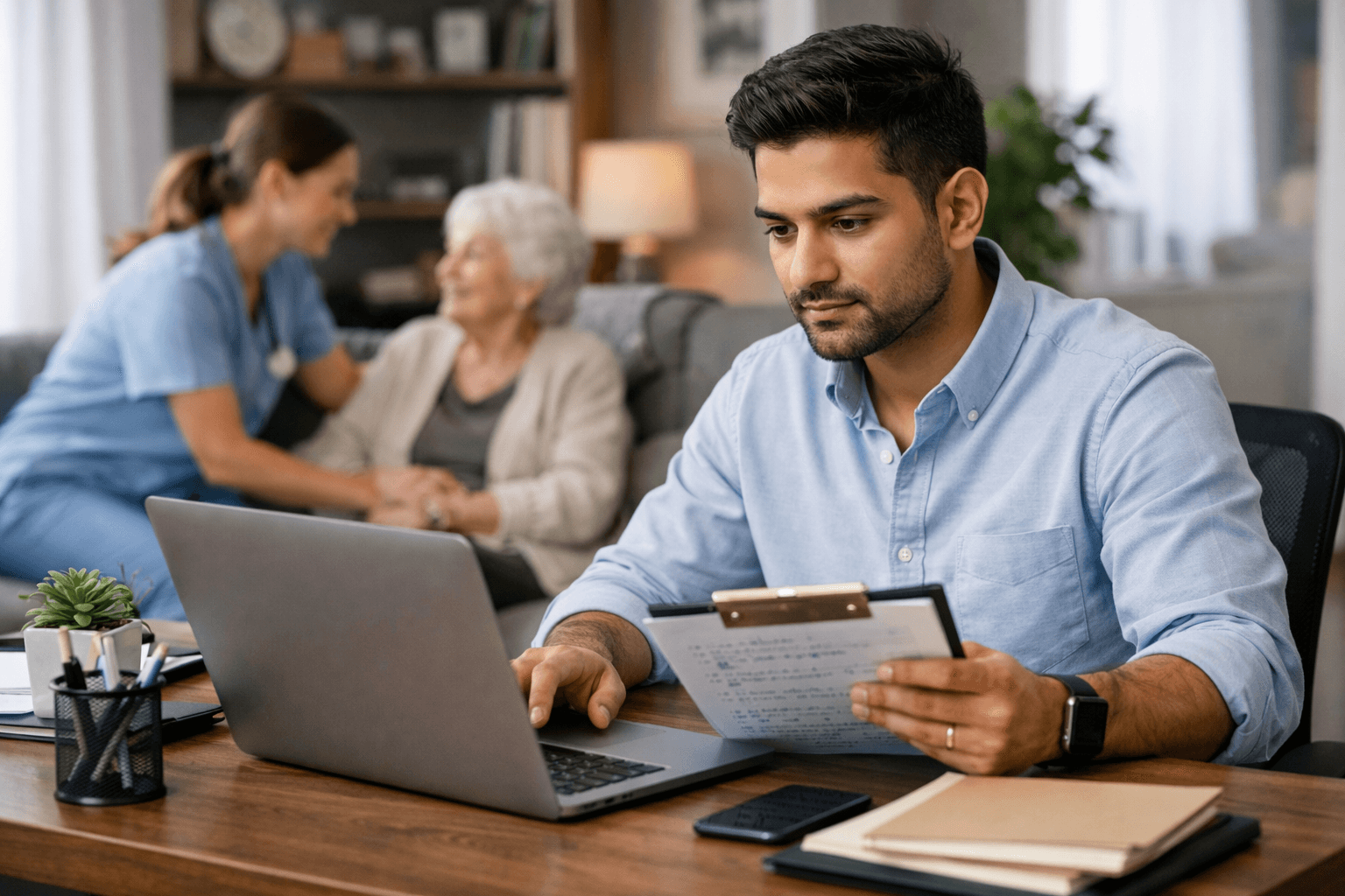 A small home care agency owner young adult at a desk reviewing client intake notes on a laptop, with a caregiver and elderly client visible in the background, conveying organization and professionalism in a modern office and home setting. Shot on Fujifilm X-T4, aspect ratio 3:2