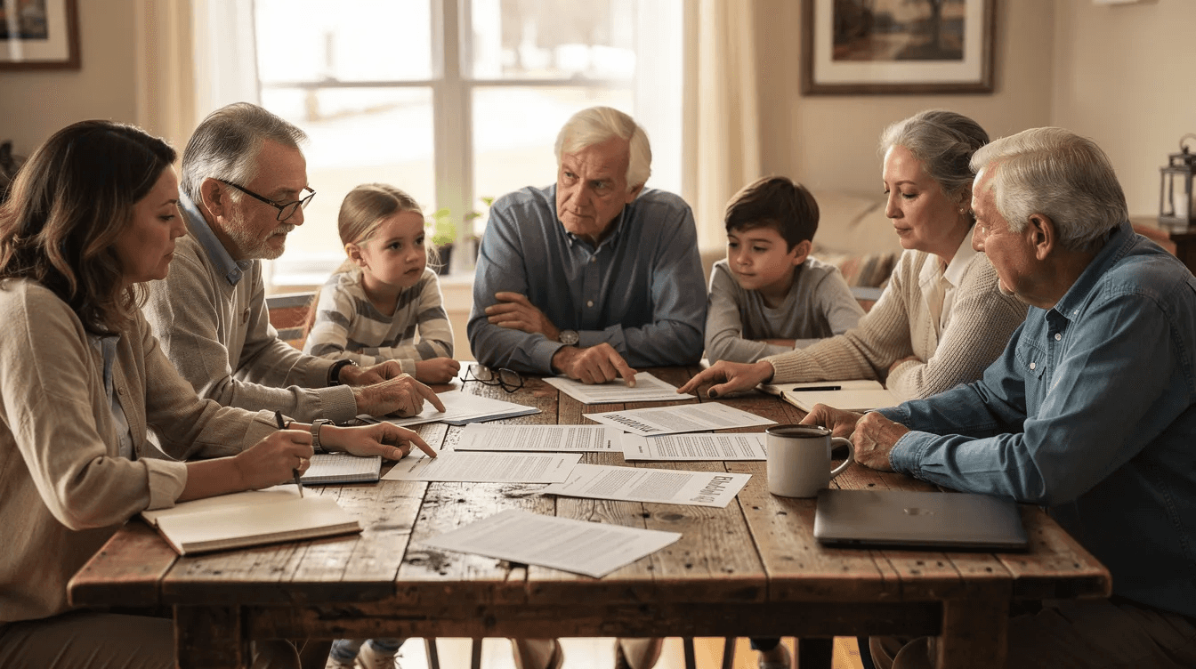 A multi-generational family is gathered around a large wooden table, discussing documents related to their philanthropic activities, including the establishment of a private foundation. They are reviewing strategies for charitable giving and the associated tax benefits, emphasizing the importance of supporting education and future generations through their foundation's operations.