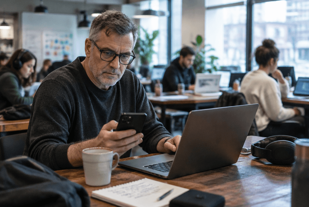 Social media manager checking X campaign performance on a phone in a co-working space