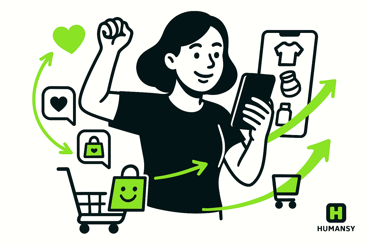 Happy shopper engaging with products on mobile, symbolizing influencer marketing and ecommerce marketing tactics in e-commerce.