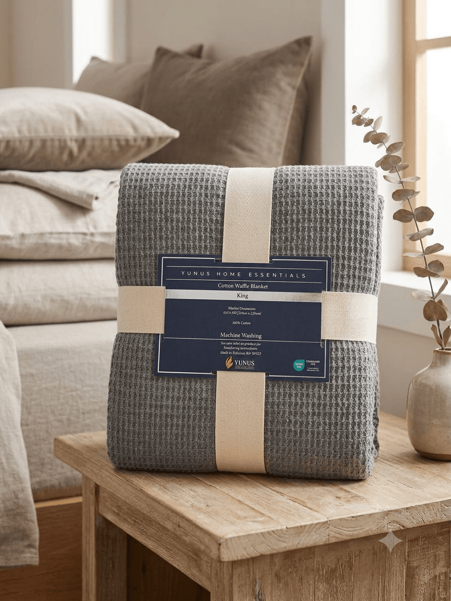 Folded cotton waffle blanket displayed on a wooden table beside a neatly made bed.