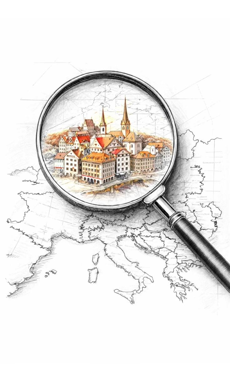 A magnifying glass reveals a quaint European village with colorful buildings and church spires, set against a sketch map of Europe. The scene evokes curiosity and exploration.