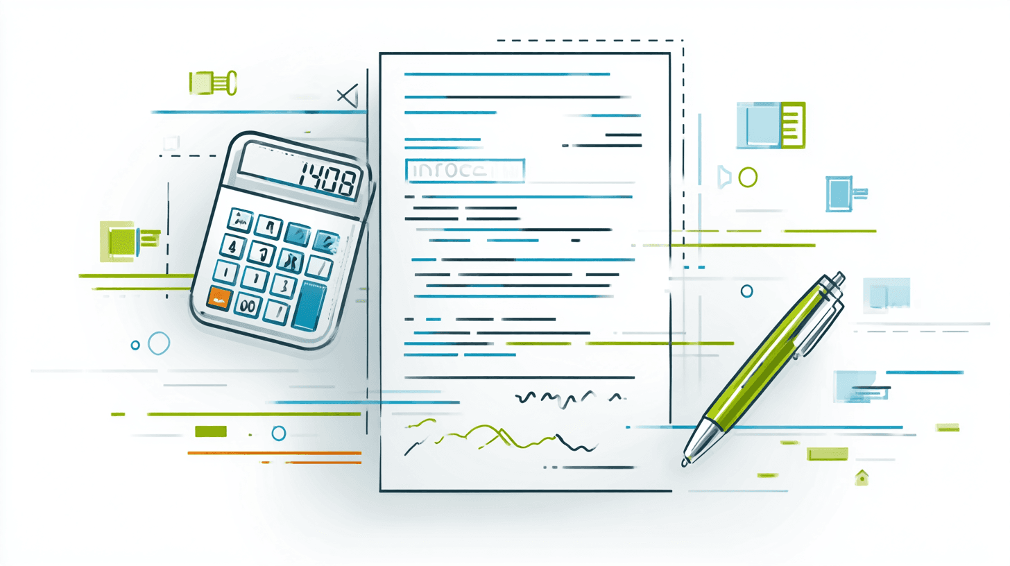 Ein digitales Dokument mit einem Stift und stilisierten Symbolen, die Online-Formulare und Datenmanagement repräsentieren.