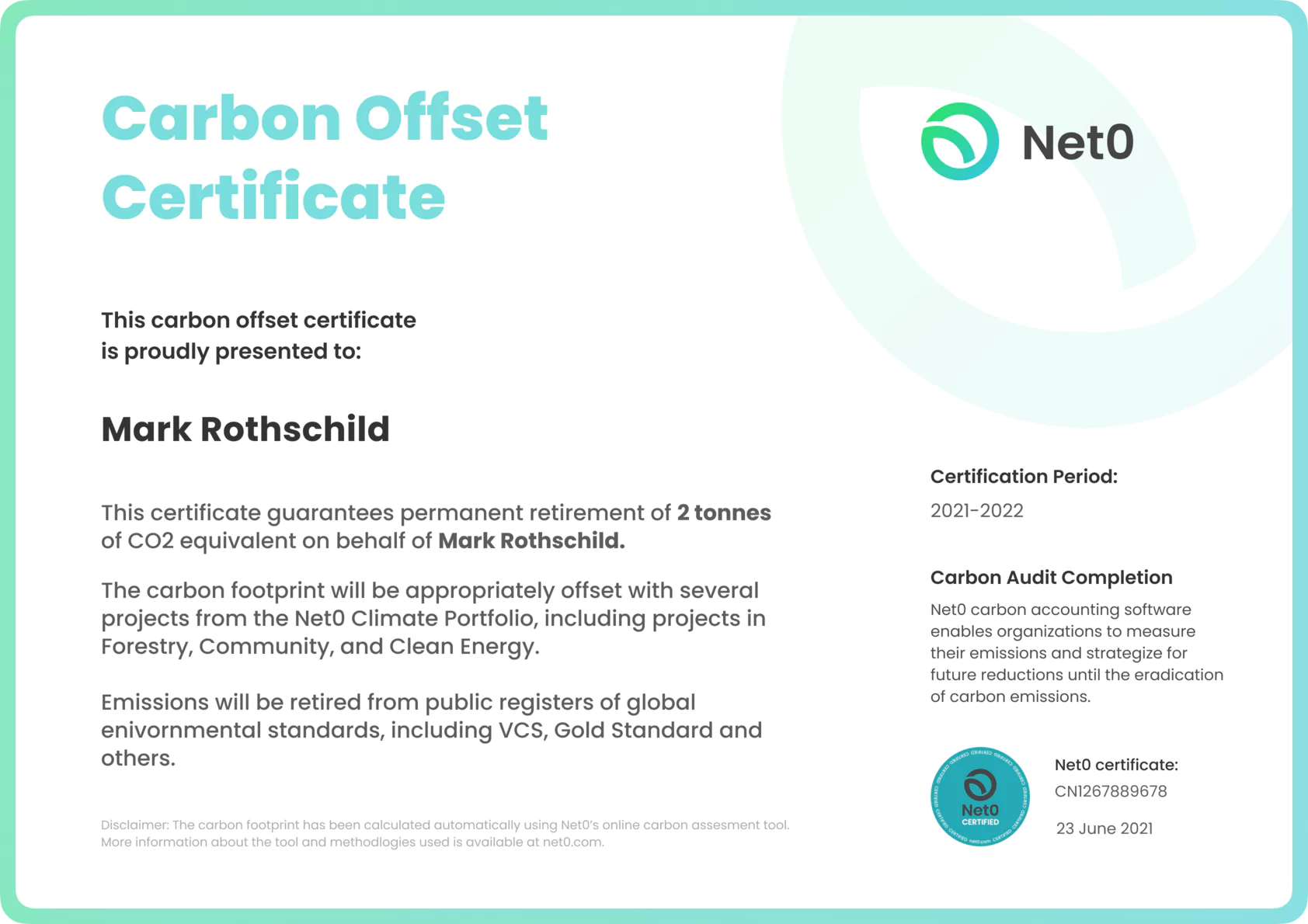 Net0 carbon offset certificate