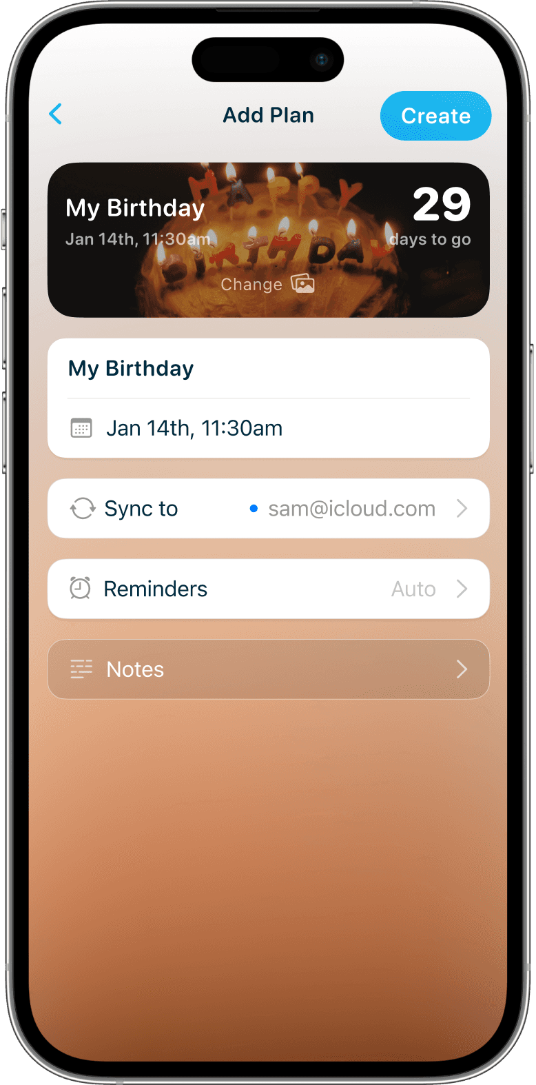 Birthday countdown create screen